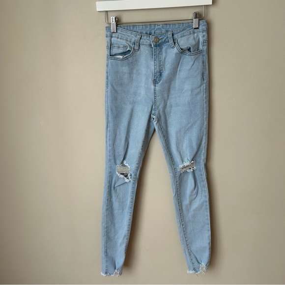 SHEIN Essnce Ripped Raw Cut Skinny Light Blue Distressed Women's Jeans Size 4 - Picture 3 of 7